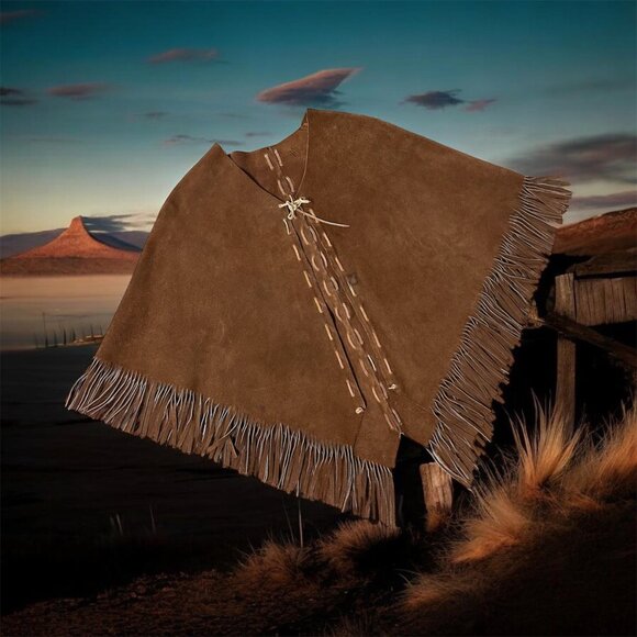 Handmade Jackets & Blazers - Vintage Suede Leather Poncho Western Brown Fringe Handmade Unisex Southwestern